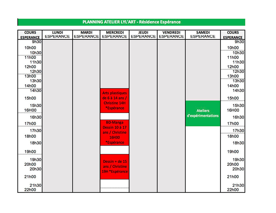 Planning Résidence Barbusse - Salle Espérance
