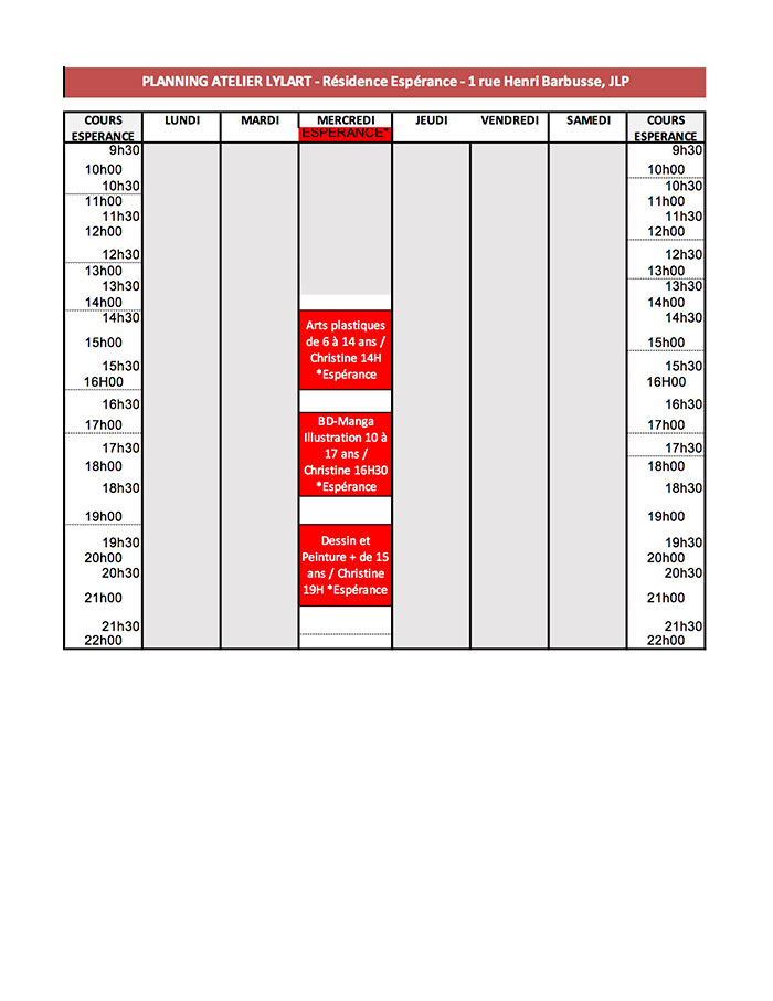 Planning Résidence Barbusse - Salle Espérance