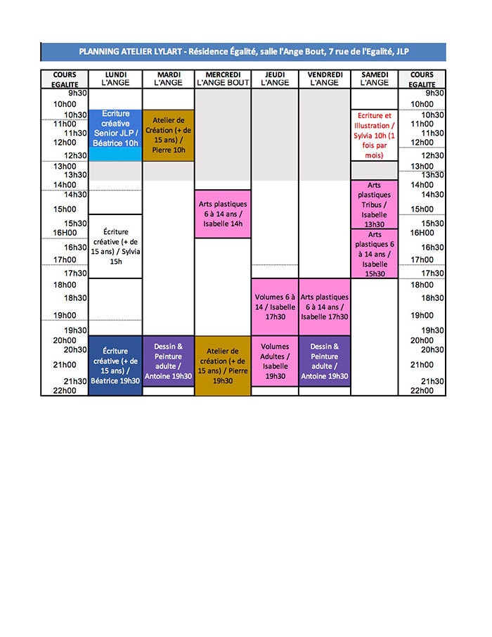 Planning Résidence Égalité - Salle l'Ange bout